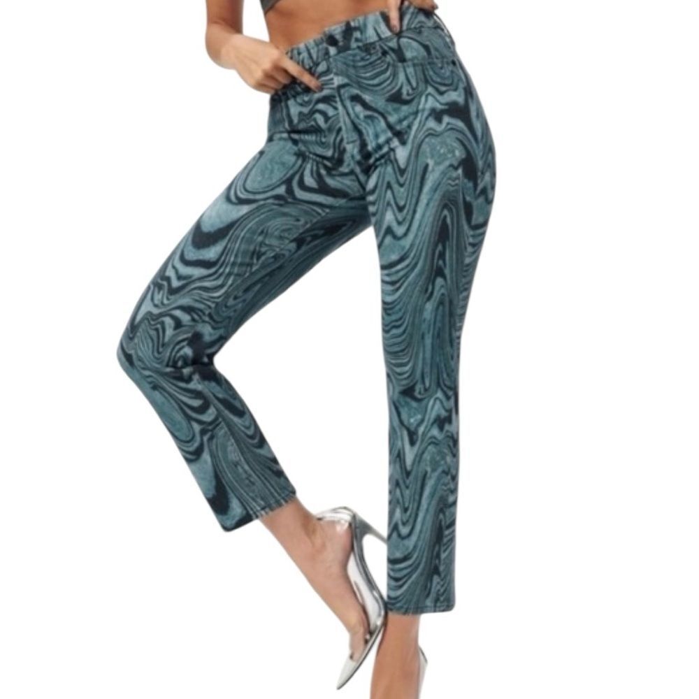 Good American Classic Ink Swirl High Rise straight Artsy Jeans. Size 8/29.